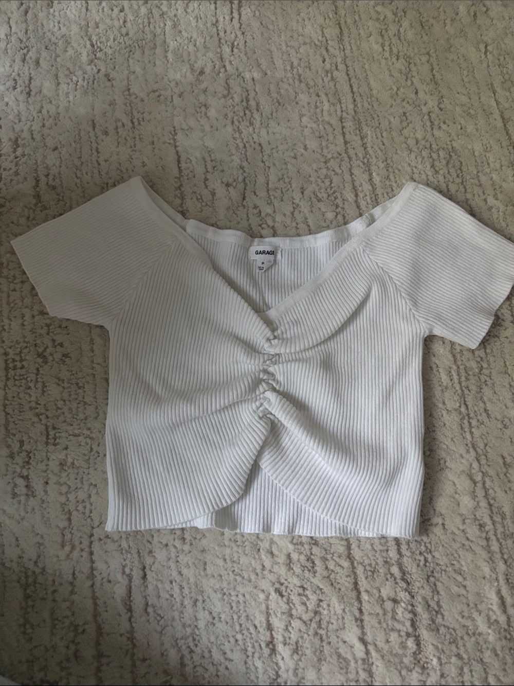 Garage White Ribbed Ruched Crop Tee